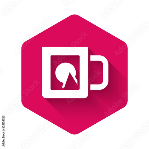 White Coffee cup icon isolated with long shadow. Take away print. Pink hexagon button. Vector
