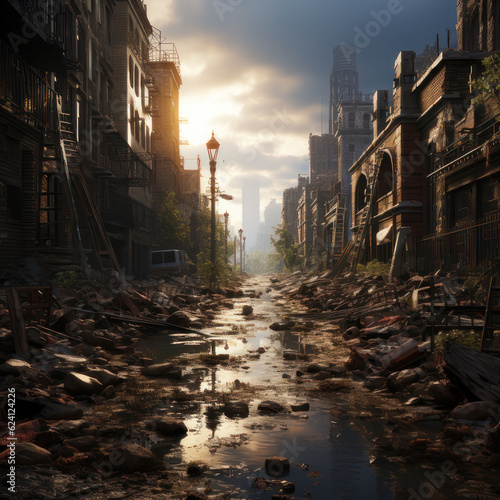 Post apocalypse city, destroyed buildings. Square illustration. AI generative.