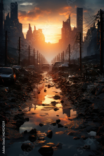 Post apocalypse city at sunset. Vertical illustration. AI generative.