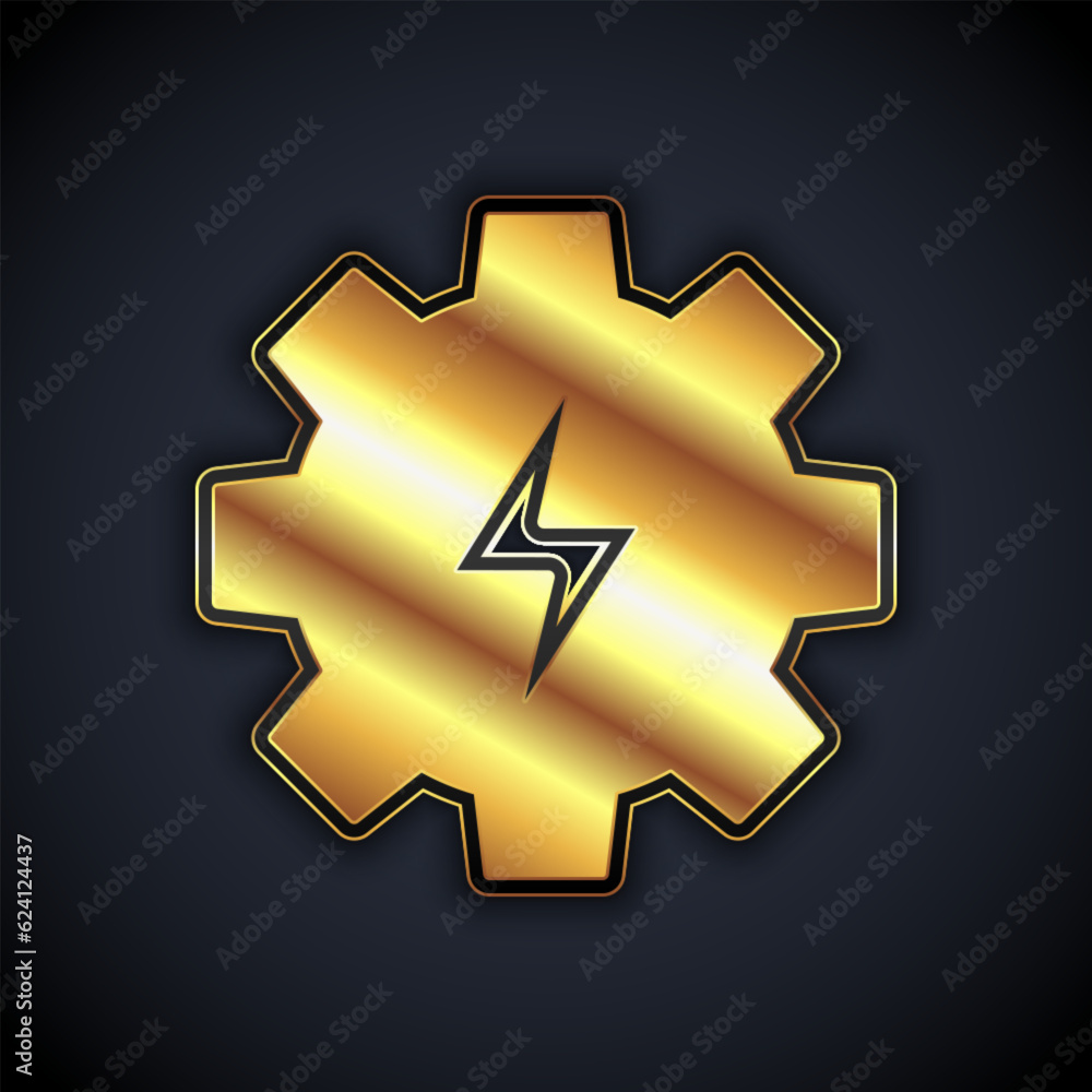 Gold Gear and lightning icon isolated on black background. Electric power. Lightning bolt sign. Vector Gold Gear and lightning icon isolated on black background. Electric power. Lightning bolt sign. Vector