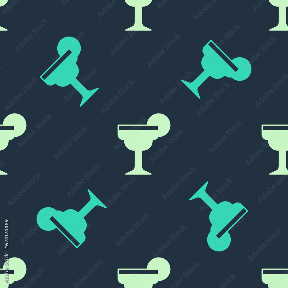 Green and beige Margarita cocktail glass with lime icon isolated seamless pattern on blue background. Vector Green and beige Margarita cocktail glass with lime icon isolated seamless pattern on blue background. Vector