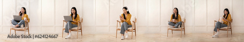 Japanese Lady Relaxing In Armchair With Laptop And Smartphone Indoor