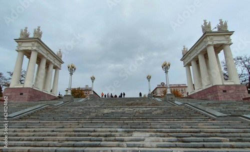 Volgograd, Volgograd region, Russia - 11.04.2021. Propylaea of the Central Staircase in Victory Park photo