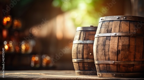 Fotografia beer barrel wooden container with bokeh light, Generative Ai