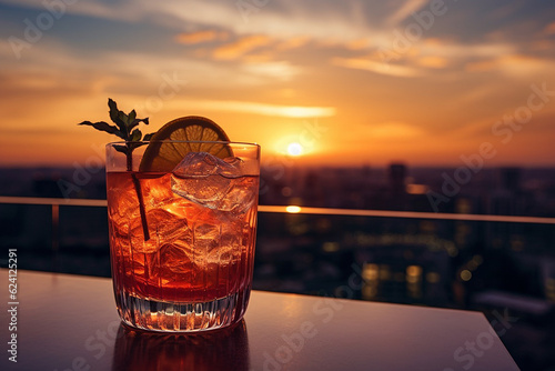 Sipping Elegance: A Beautiful Cocktail at a Rooftop Bar Overlooking a Gorgeous City with Tall Buildings at Sunset