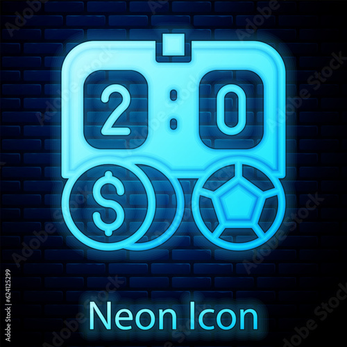 Glowing neon Soccer football betting money icon isolated on brick wall background. Football bet bookmaker. Soccer betting online make money. Vector