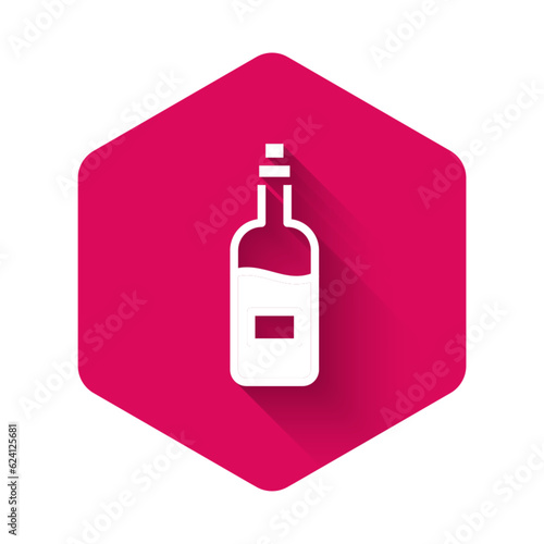 White Bottle of wine icon isolated with long shadow background. Pink hexagon button. Vector