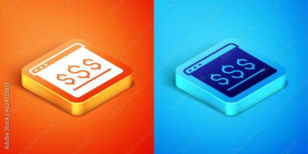 Isometric Online shopping on screen icon isolated on orange and blue background. Concept e-commerce, e-business, online business marketing. Vector Isometric Online shopping on screen icon isolated on orange and blue background. Concept e-commerce, e-business, online business marketing. Vector
