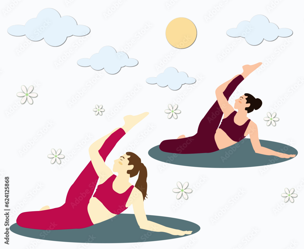 girls doing workout and yoga with flowers background in outdoors