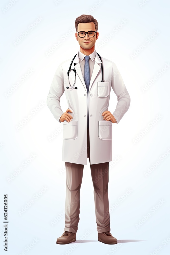 A man in a lab coat and tie standing with his hands on his hips. Generative AI. A man in a lab coat and tie standing with his hands on his hips. Generative AI.