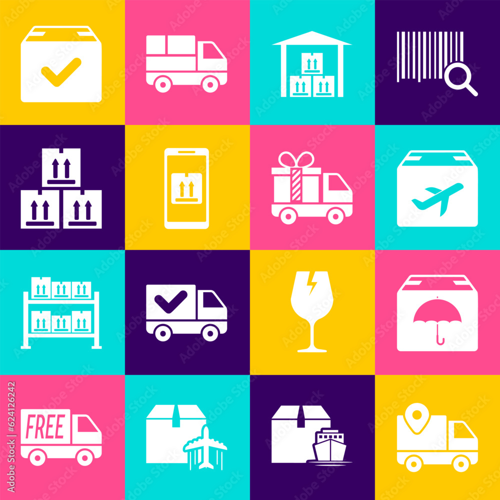 Set Delivery tracking, package with umbrella, Plane and cardboard box, Warehouse, Mobile app, Cardboard traffic, Package check mark and truck gift icon. Vector Set Delivery tracking, package with umbrella, Plane and cardboard box, Warehouse, Mobile app, Cardboard traffic, Package check mark and truck gift icon. Vector