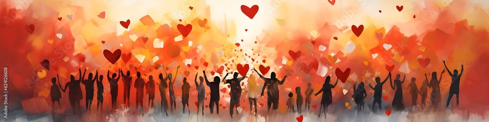 Diverse people with arms and hands raised towards hand painted red hearts. Charity donation, volunteer work, support, assistance. Multicultural community. People diversity. Diverse people with arms and hands raised towards hand painted red hearts. Charity donation, volunteer work, support, assistance. Multicultural community. People diversity.