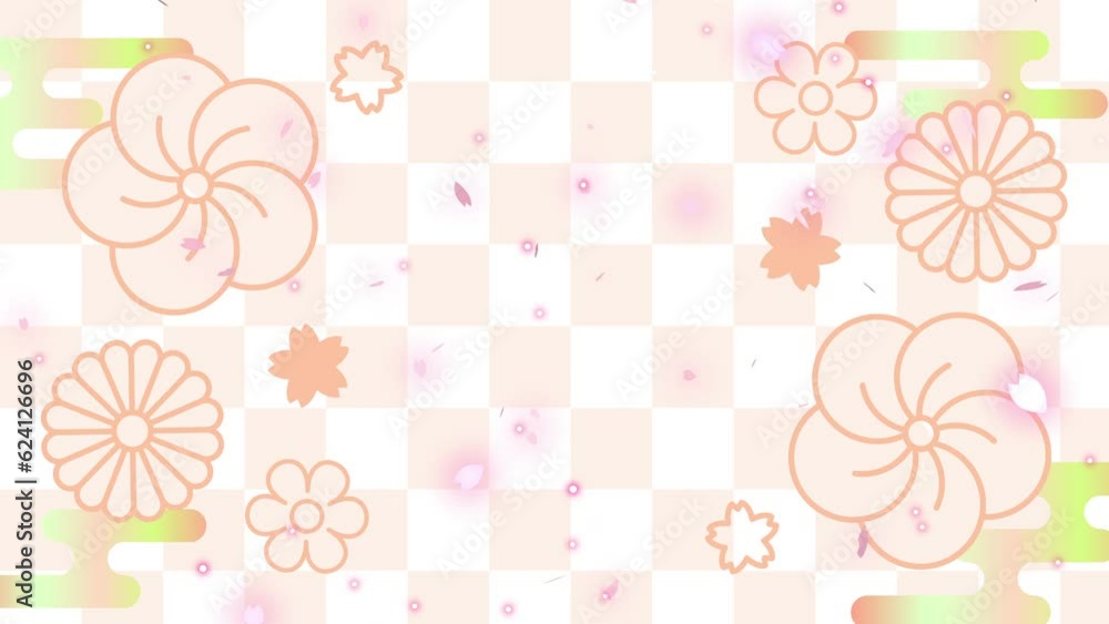 シンプルな花の和風背景に桜の花びらが舞うアニメーション（オレンジ）