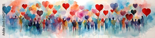 Diverse people with arms and hands raised towards hand painted hearts. Charity donation, volunteer work, support, assistance. Multicultural community. People diversity. photo