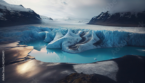  Climate change is important. Iceland. Icelandic glacier destruction as a result of global warming. a view from above of the glacier. iceberg in polar regions, Ai generated image