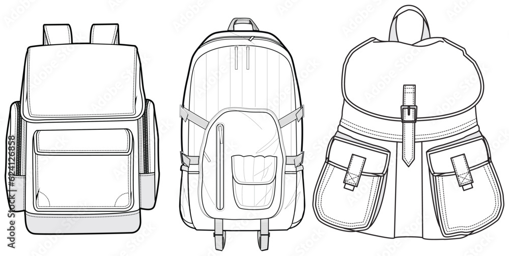 Set of rucksack Backpack bag flat sketch fashion illustration drawing template mock up, Hiking Backpack cad drawing. - obrazy, fototapety, plakaty 