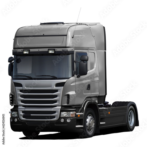 Modern European truck with gray color and black plastic bumper. Front side view isolated on white background.