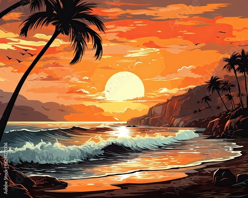 A serene beach with palm trees and a sunset. (Generative AI)