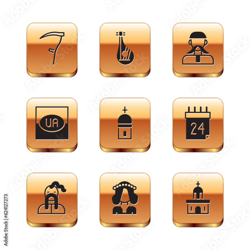 Set Scythe, Ukrainian cossack, woman, Church tower, Flag of Ukraine, building and Bandura icon. Vector