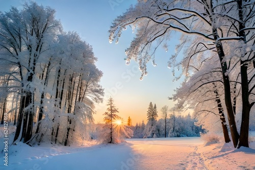 winter landscape with trees and snow generated Ai. © Abdul