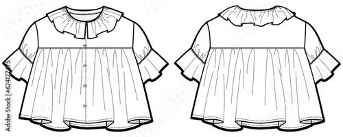 Girls frock dress design with Frills ans ruffle neck flat sketch fashion illustration vector template with front and back view, Toddler baby girl button down dress