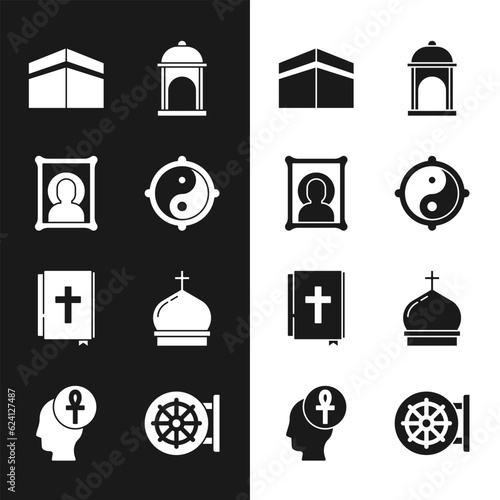 Set Yin Yang, Christian icon, Kaaba mosque, Muslim Mosque, Holy bible book, Church tower, Dharma wheel and Cross ankh icon. Vector