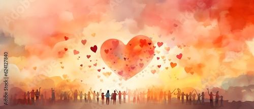 Peace on earth, diverse people hand in hand watching a hand painted big red heart in the sky. Charity donation, volunteer work, support, assistance. Multicultural community. People diversity.