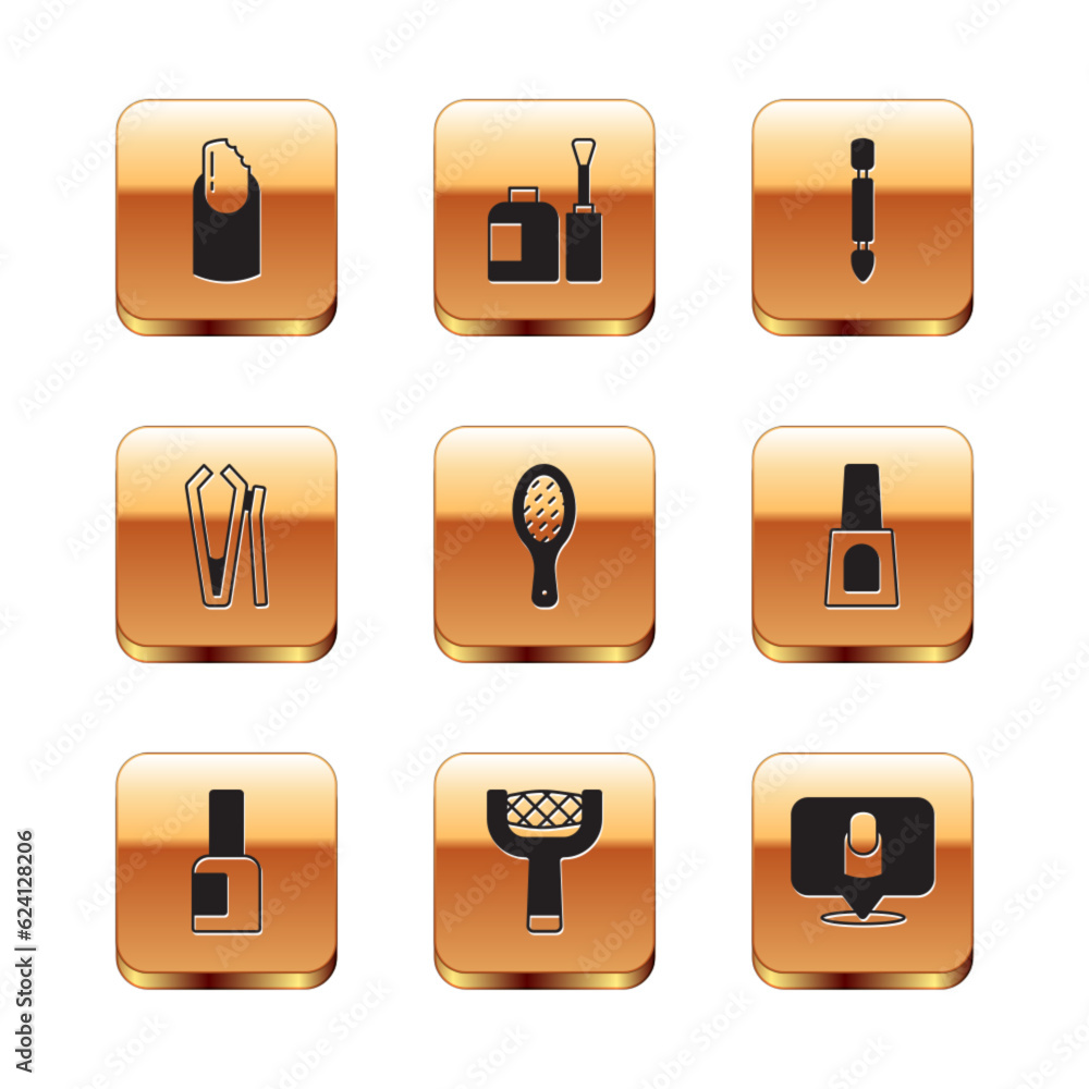 Set Broken nail, Bottle of polish, Nail file, cutter, Cuticle pusher, Manicure and icon. Vector Set Broken nail, Bottle of polish, Nail file, cutter, Cuticle pusher, Manicure and icon. Vector