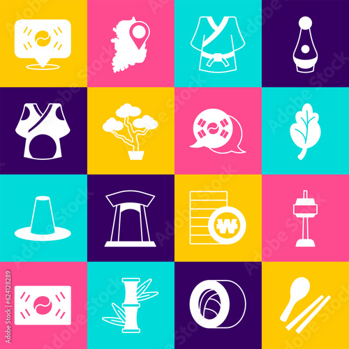 Set Food chopsticks, N Seoul tower in South Korea, Kimchi, Kimono, Bonsai tree, Location and flag icon. Vector