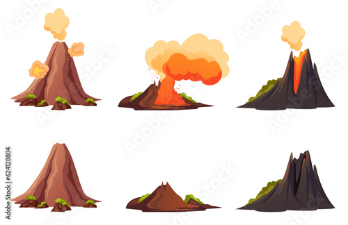 Volcano smoke active volcanic fire landscape concept. Vector graphic design illustration 