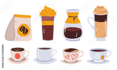Mug cup cute tea coffee hot drink isolated set. Vector graphic design illustration

