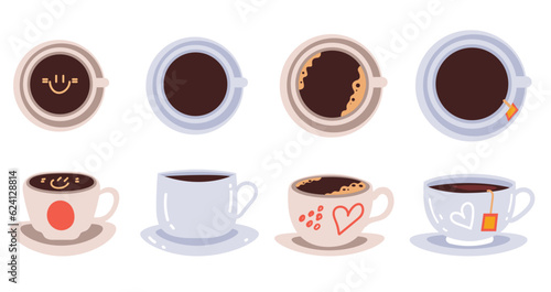 Mug cup cute tea coffee hot drink isolated set. Vector graphic design illustration
