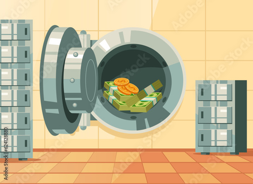 Bank money safe storage room open door concept. Vector graphic design illustration
