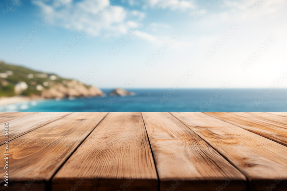 Wooden table on the background of the sea, island and the blue sky. High quality photo - obrazy, fototapety, plakaty 
