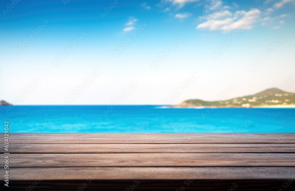 Wooden table Top And Blur Nature sea and blue sky of the Background. High quality photo