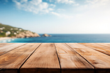 Wooden table on the background of the sea, island and the blue sky. High quality photo