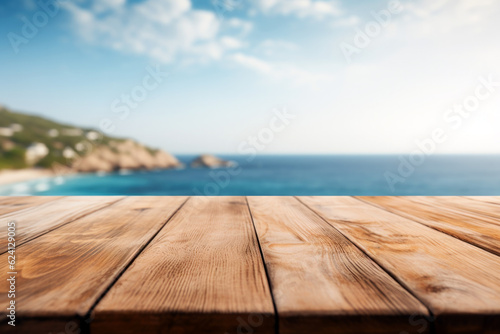Wooden table on the background of the sea, island and the blue sky Fototapet