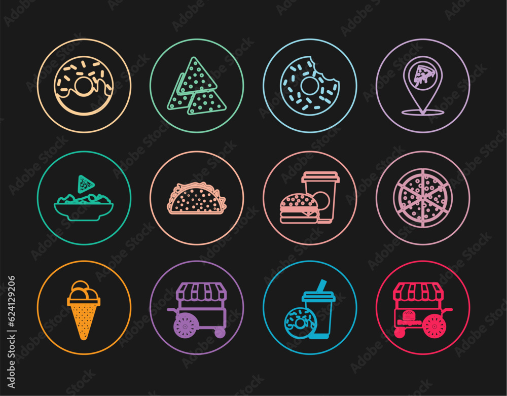 Naklejka premium Set line Fast street food cart, Pizza, Donut, Taco with tortilla, Nachos in plate, Coffee and burger and icon. Vector