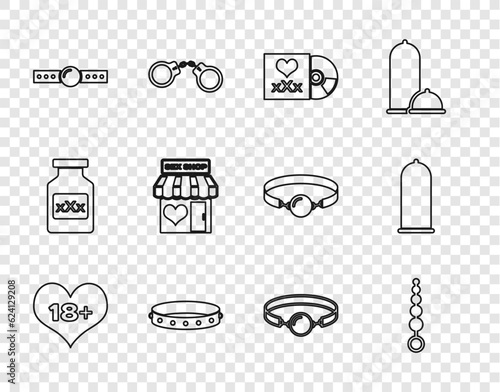 Set line 18 plus content heart, Anal beads, Disc with inscription Sex, Leather fetish collar, Silicone ball gag, shop building, and Condom safe sex icon. Vector