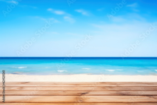 Wooden floor deck top on blurred background of sandy beach and blue sea. High quality photo