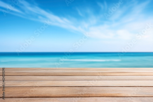 Wooden table top on blurred sea scape background - can be used for display or montage your products. High quality photo
