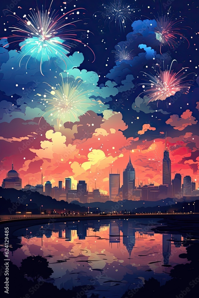 A city skyline painting depicts fireworks and stars at night. (Illustration, Generative AI)