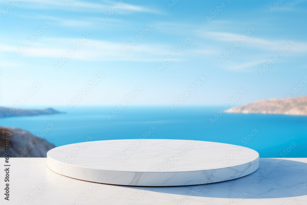 White marble podium with sea view on background. High quality photo