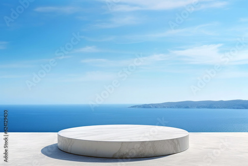 Empty pedestal white marble on white floor with sea and island view background. High quality photo