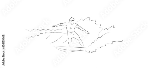 Surfer surfing a wave wearing a neoprene suit. Water sports. Hand drawn black inked strokes line art vector illustration isolated on white background.