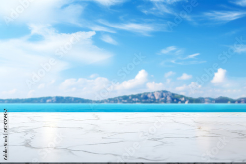 White marble table top on blur ocean sea island and blue sky background - can be used for display or montage your products. High quality photo