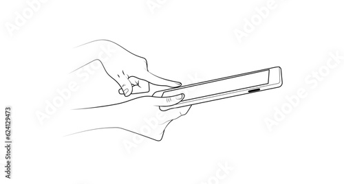 Human hands using a smartphone, digital tablet and a pointing finger touching the screen. Basic hand drawn sketch black inked lines style vector illustration isolated on white background.