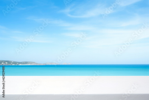 White Table Top And Blur Seascape of Background. High quality photo