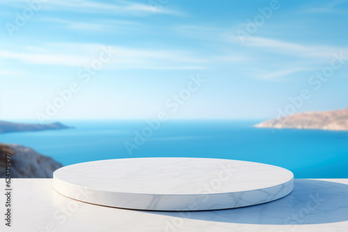 White marble podium with sea view on background. High quality photo © oksa_studio