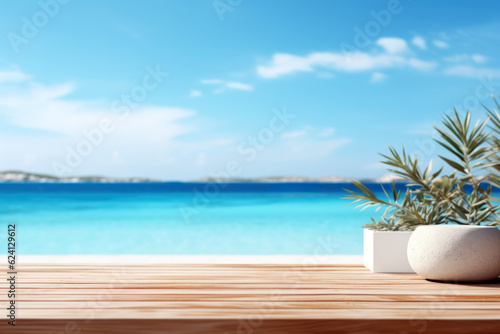 Wooden table with plant vase and sea view background. For montage product display. High quality photo